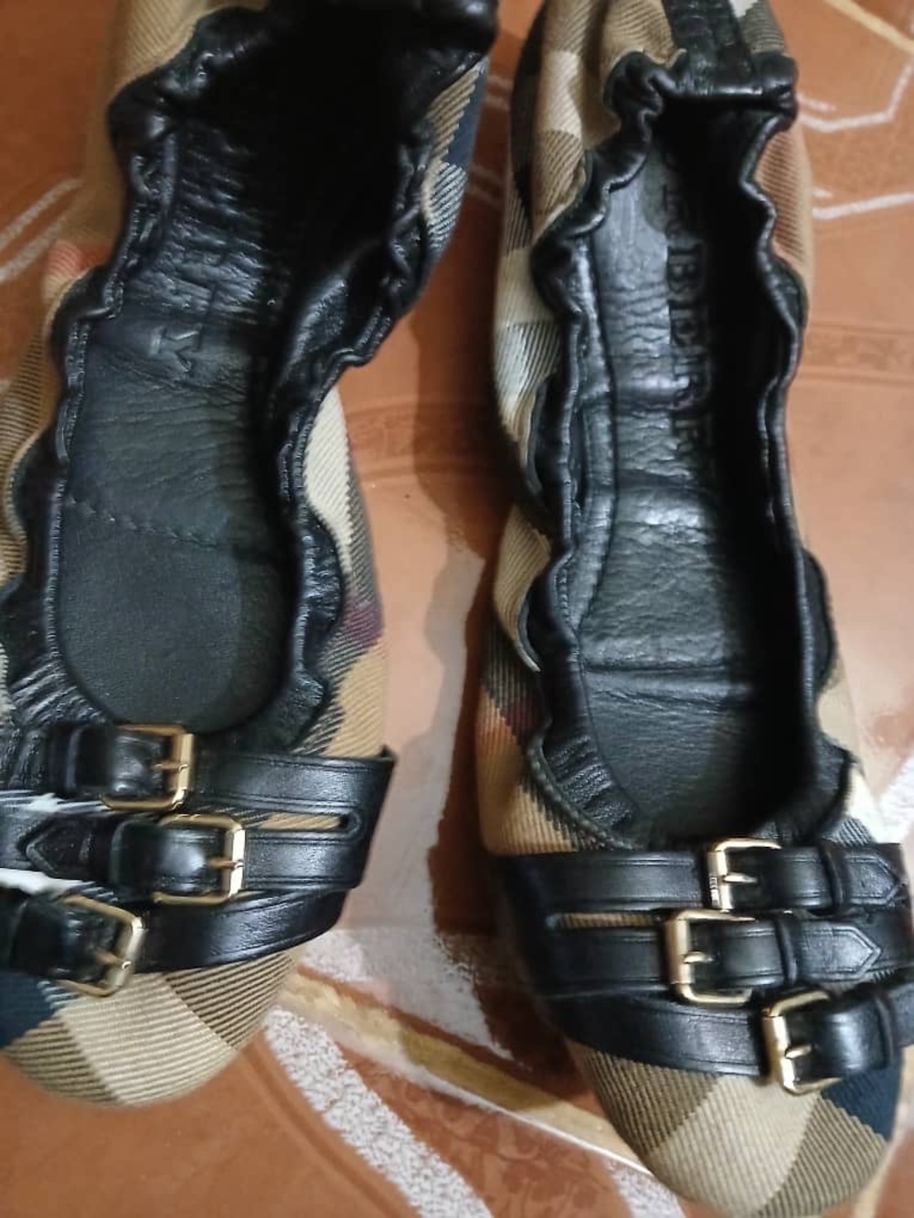 Burberry Black and Tan Plaid Leather-Trim Ballet Flats